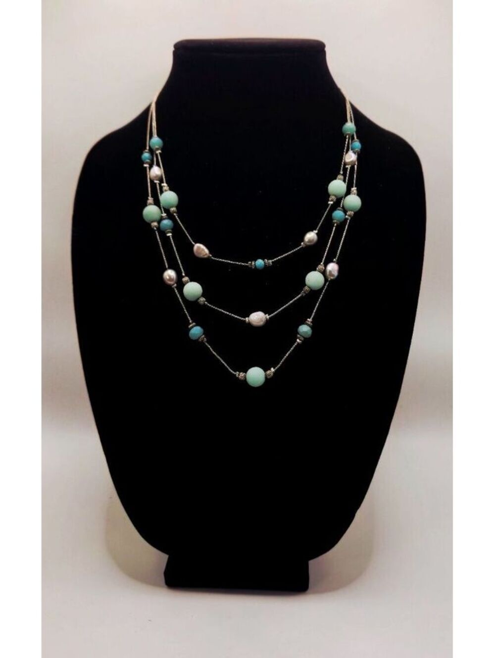 Lau International Triple Strand Beaded Necklace – Aqua & White Pearl Style –